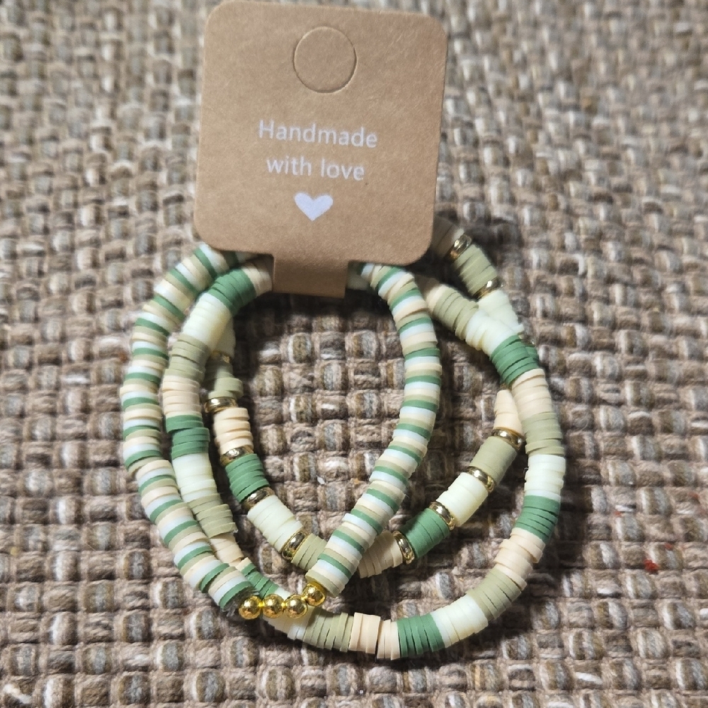 Handmade Green and Cream Beaded Bracelet Set